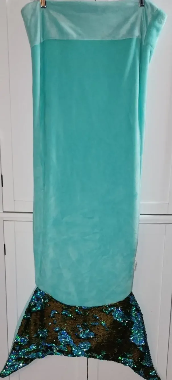Plush Gold Flip Sequin Mermaid Teal Tail Throw Blanket Sleep Sack 18in X 52in